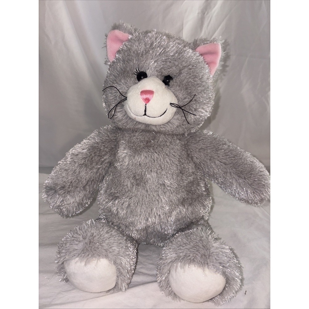 Build a Bear Cool Kitty 18" Silver Gray Plush Cat Pink Ears Nose 2009 Retired